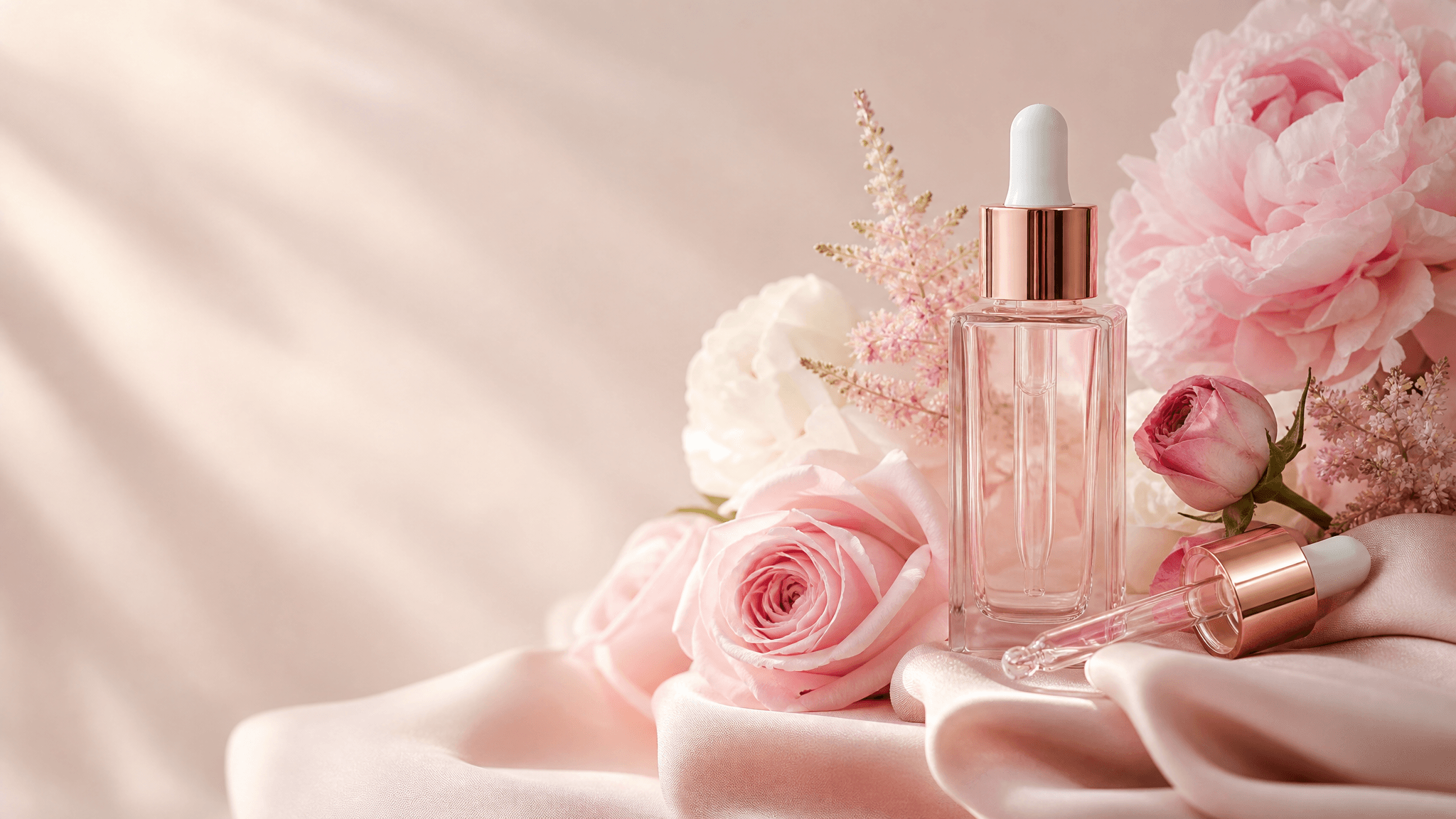 Blush-toned beauty campaign with skincare bottles and soft botanicals